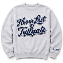Load image into Gallery viewer, Never Lost a Tailgate Sweatshirt with Custom Name- Navy &amp; Silver